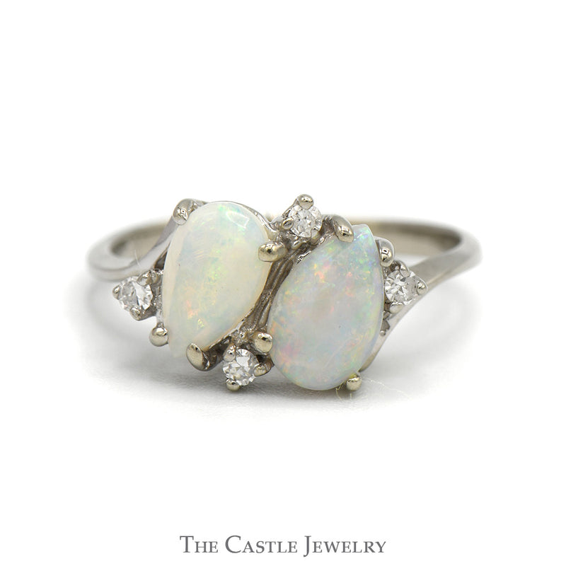 Double Pear Cut Opal Ring with Diamond Accents in 14k White Gold