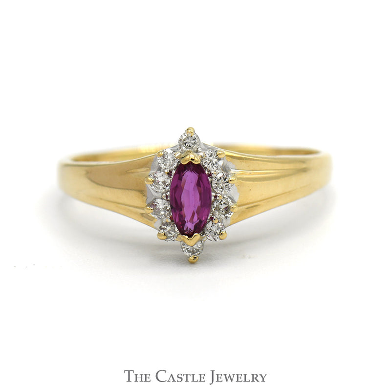 Marquise Cut Ruby Ring with Diamond Halo in 14k Yellow Gold