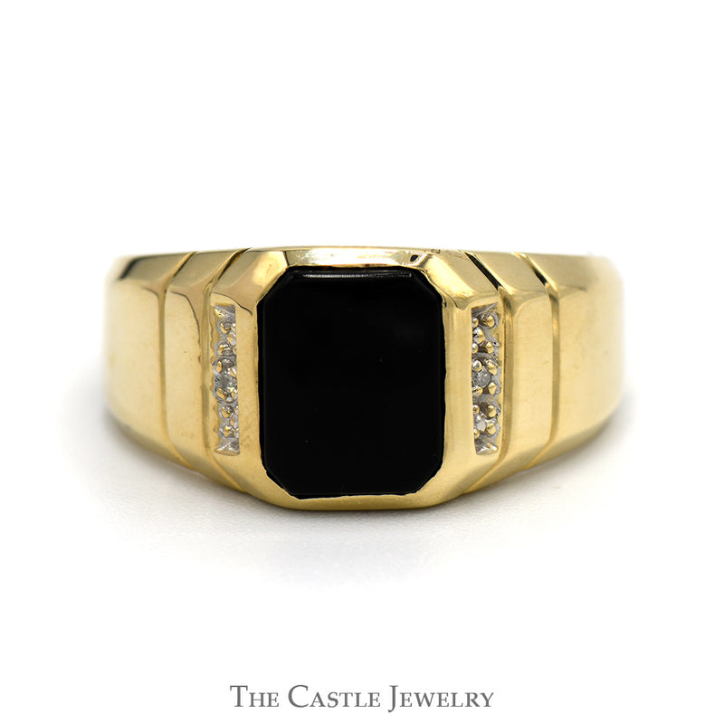 Rectangular Black Onyx Ring with Diamond Accents in 10k Yellow Gold Grooved Mounting
