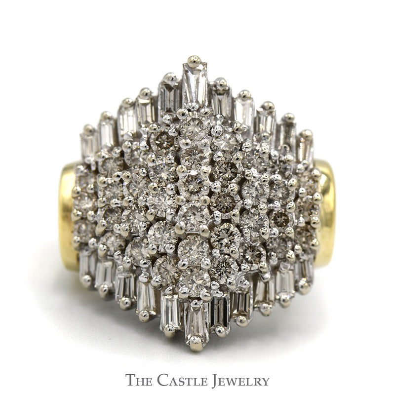 Wide 2.5cttw Round & Baguette Diamond Cluster Ring in 14k Yellow Gold