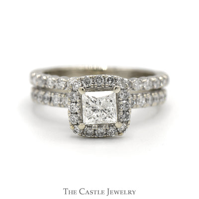 Princess Cut Diamond Bridal Set with Diamond Halo and Accented Sides with Matching Soldered Band in 14k White Gold