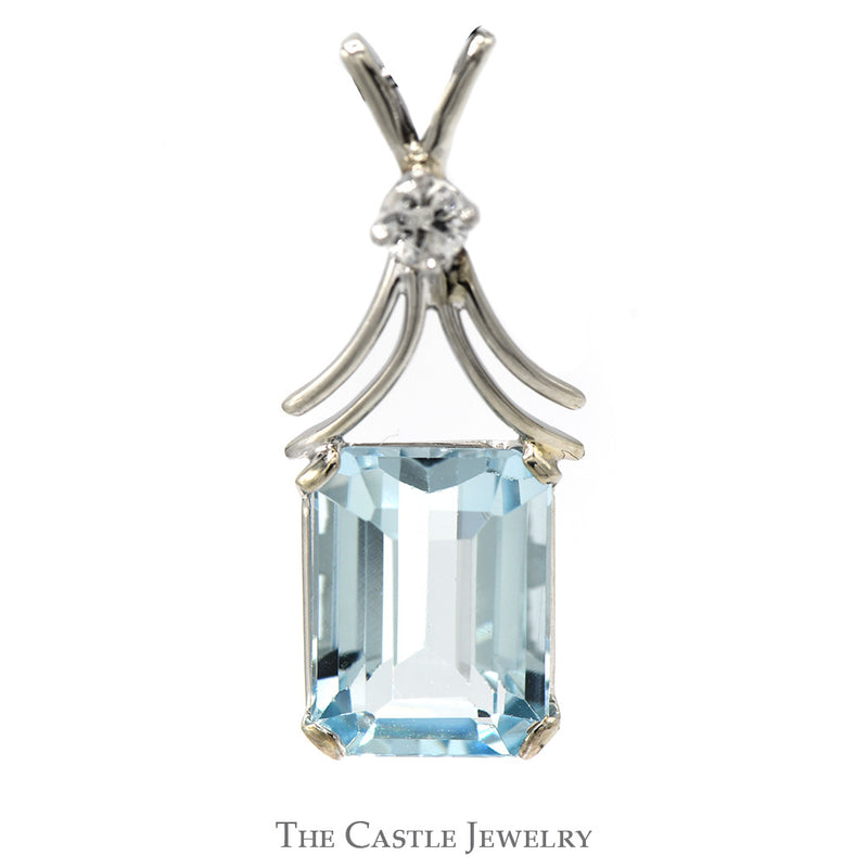 Emerald Cut Aquamarine Pendant with Diamond Accent in 10k White Gold