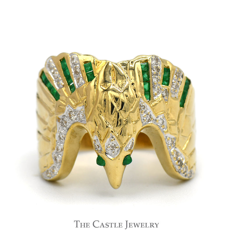 Diamond & Emerald Eagle Ring in 18k Yellow Gold