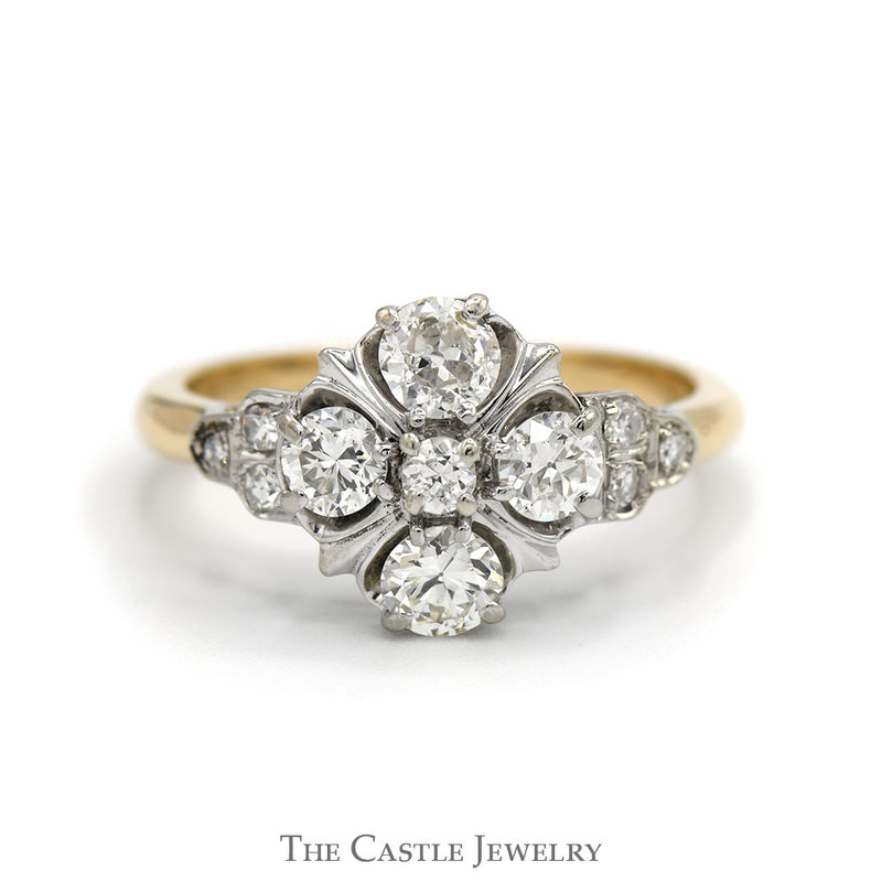 Old European Cut Diamond Flower Cluster Ring in 10k Yellow Gold