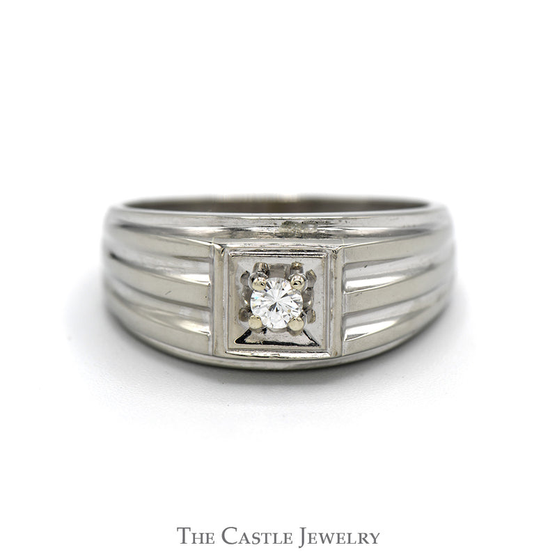 .10ct Round Diamond Solitaire Men's Ring with Ridged Sides in 10k White Gold