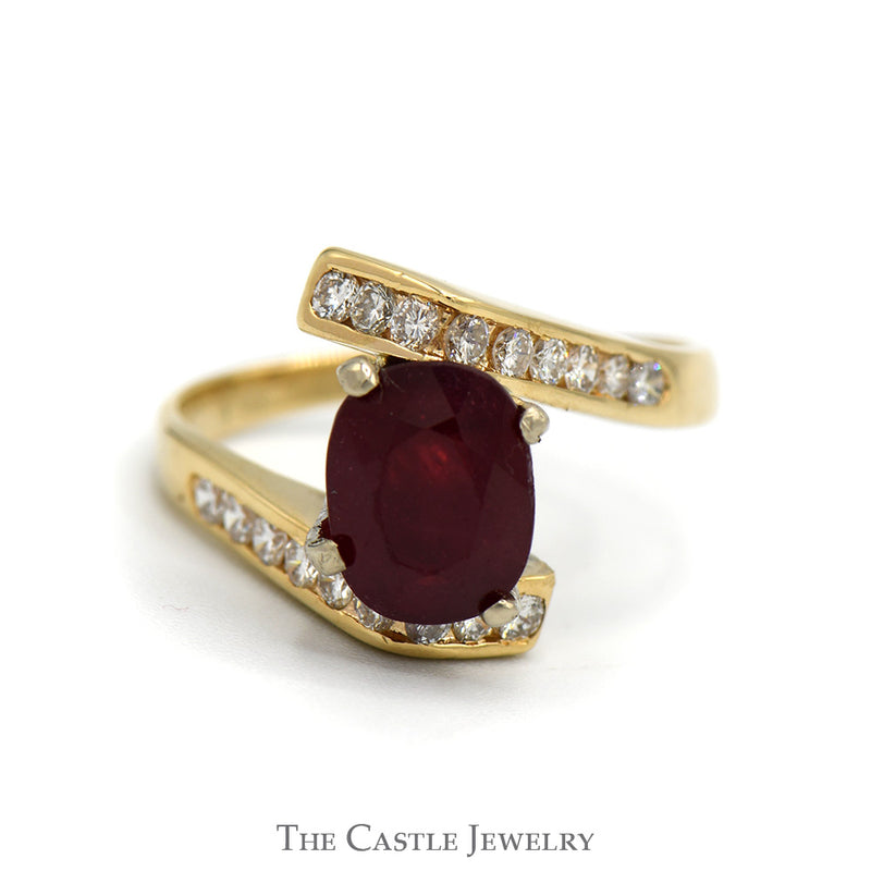 Oval Ruby Ring with Channel Set Diamond Accented Bypass Setting in 14k Yellow Gold