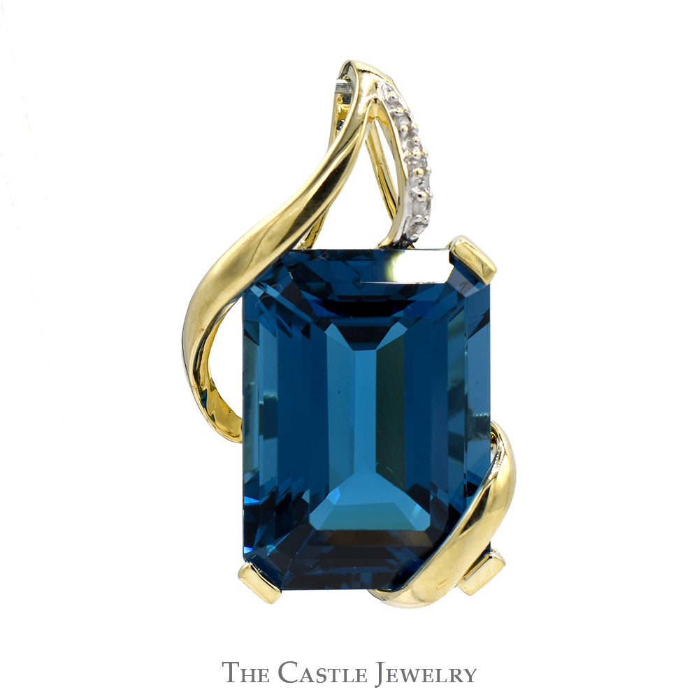 Emerald Cut Blue Topaz Pendant with Diamond Accents in 10k Yellow