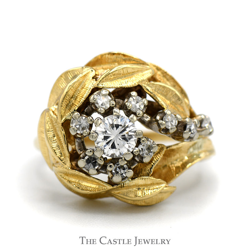 1/2cttw Floral Inspired Cluster Ring with Leaf Designed Halo in 14k Yellow Gold