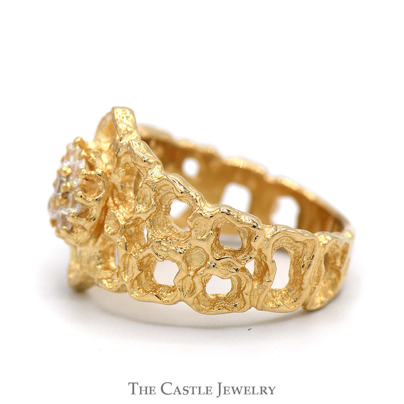 Round Cubic Zirconia Cluster Ring with Open Nugget Designed Sides in 14k Yellow Gold