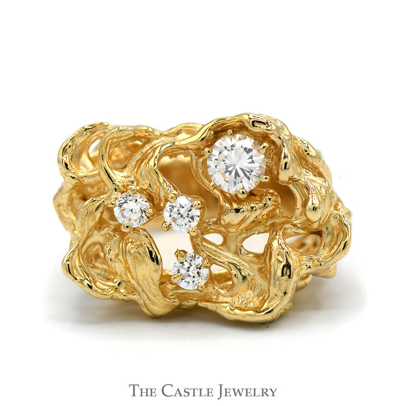 Cubic Zirconia Cluster Ring in 14k Yellow Gold Freeform Style Open Nugget Mounting