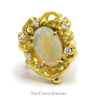 Oval Opal Ring with Diamond Accents in 14k Yellow Gold Open Nugget Style Mounting