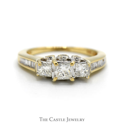 Princess Cut Diamond Three Stone Engagement Ring with Baguette Cut Diamond Accents in 14k Yellow Gold
