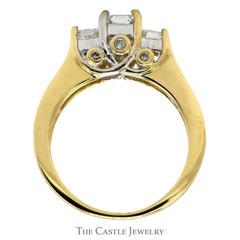 Princess Cut Diamond Three Stone Engagement Ring with Baguette Cut Diamond Accents in 14k Yellow Gold