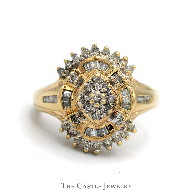 1/2cttw Round & Baguette Cut Diamond Starburst Cluster Ring in 10k Yellow Gold