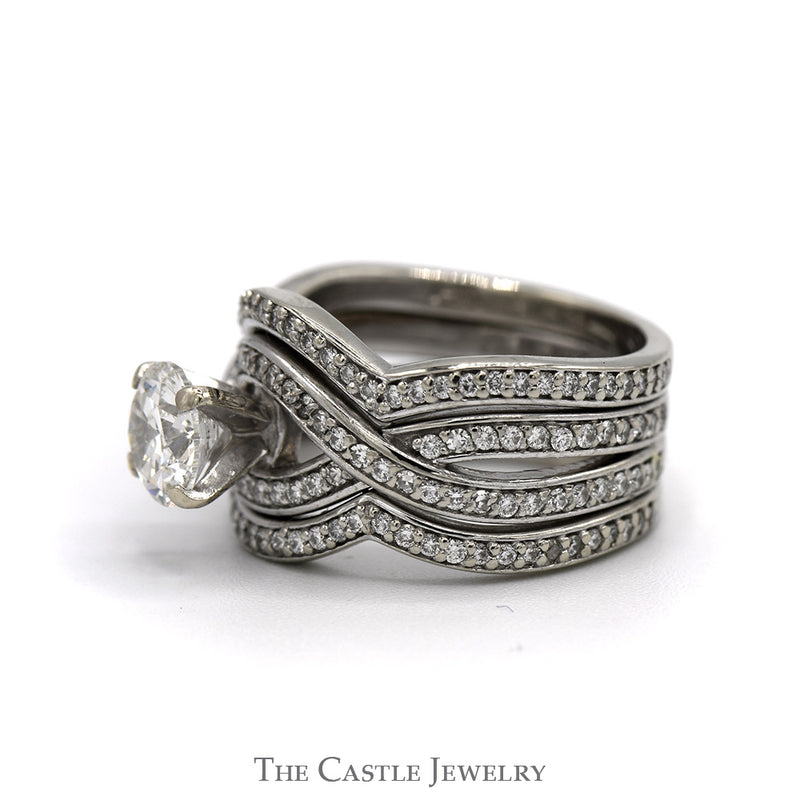 Round Diamond Solitaire Bridal Set with Diamond Accented Twisted Sides and Matching Soldered Diamond Band in 14k White Gold