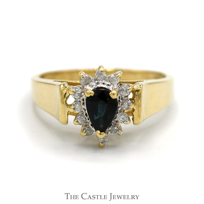 Pear Cut Sapphire Ring with Diamond Halo in 10k Yellow Gold