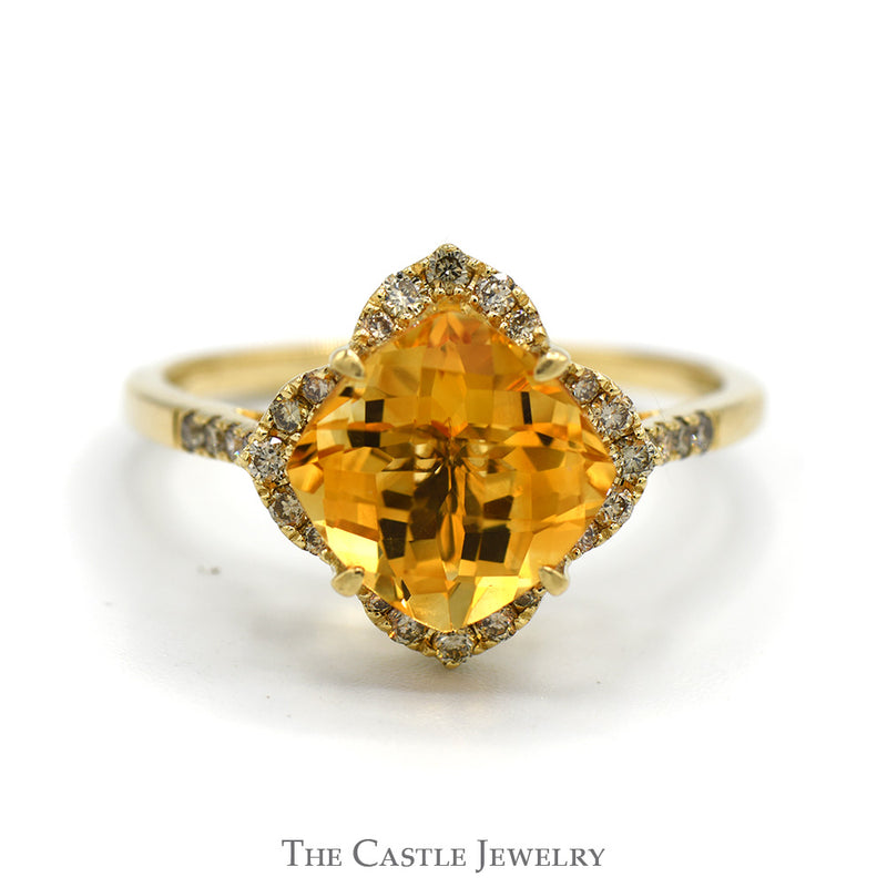 Le Vian Cushion Cut Citrine Ring with Diamond Halo and Accented Sides in 14k Yellow Gold