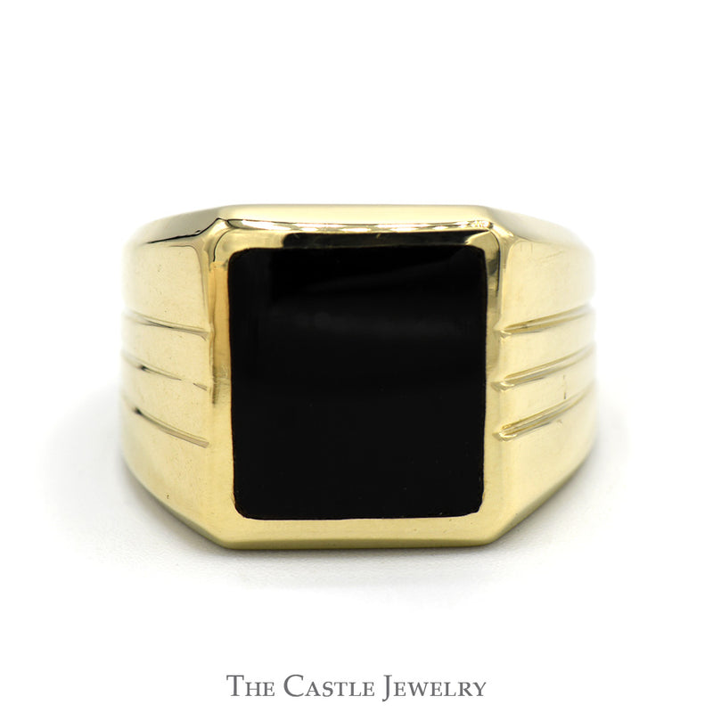 Square Black Onyx Men's Ring with Grooved Sides in 10k Yellow Gold