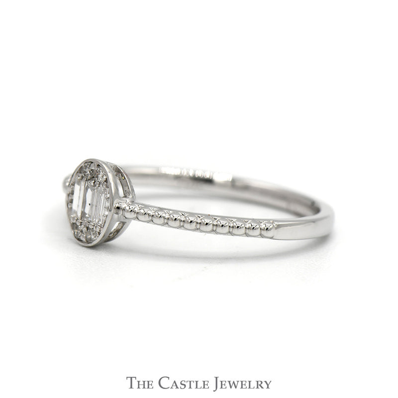 Oval Shaped Round & Baguette Diamond Cluster Ring with Beaded Sides in 10k White Gold