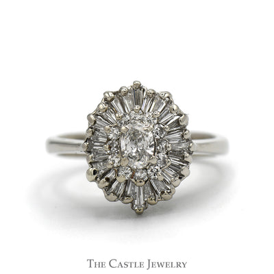 3/4cttw Oval Cut Diamond Ring with Round & Baguette Diamond Halos in 14k White Gold