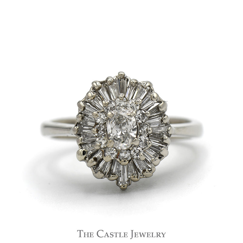 3/4cttw Oval Cut Diamond Ring with Round & Baguette Diamond Halos in 14k White Gold