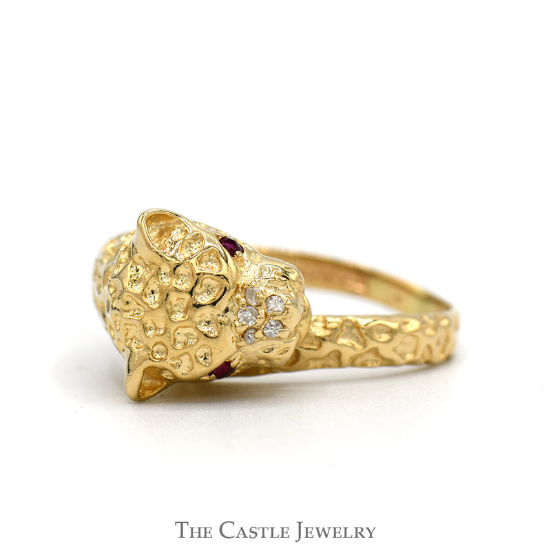 Leopard Designed Ring with Ruby Eyes & Diamond Accents in 10k Yellow Gold