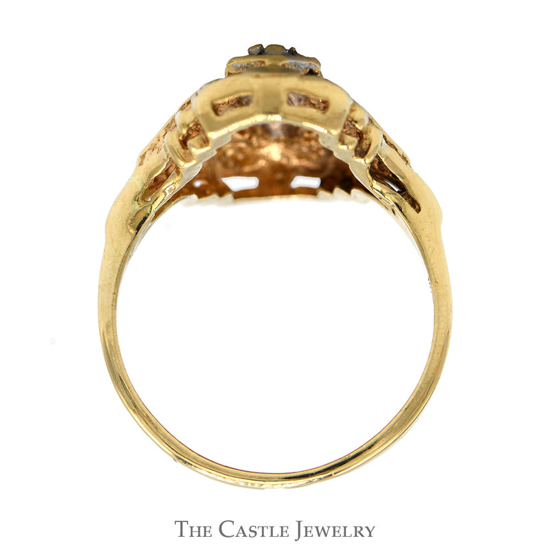 Diamond Accented Shield Ring with Open Filigree Design in 10k Yellow Gold