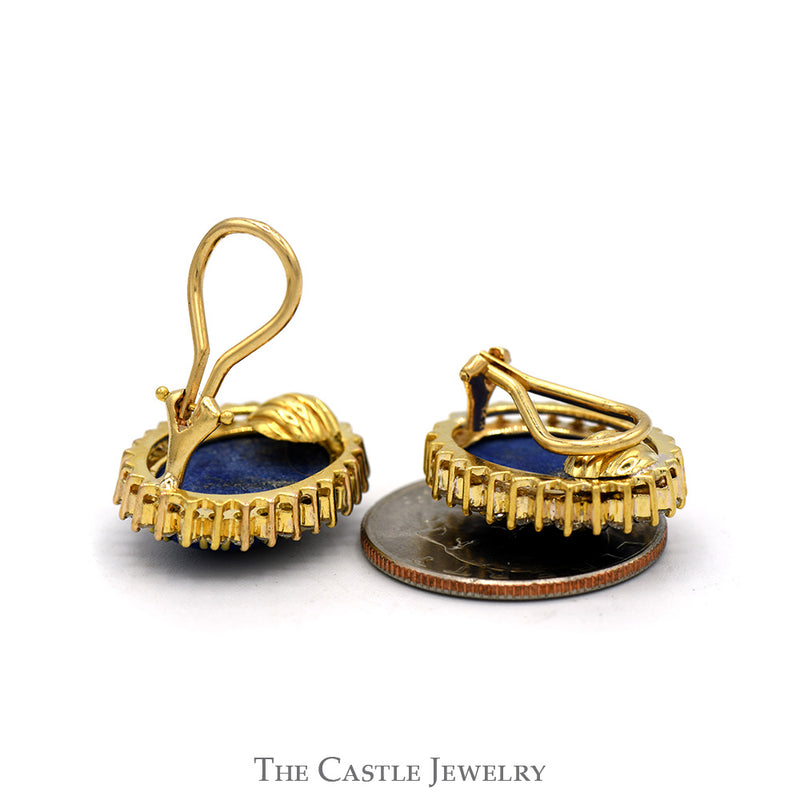 Oval Blue Lapis Clip On Earrings with 1cttw Diamond Halo Design in 14k Yellow Gold