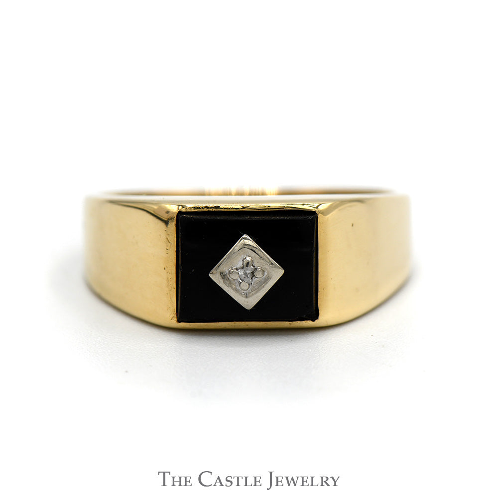 Rectangular Black Onyx Men's Ring with Diamond Accent in 10k