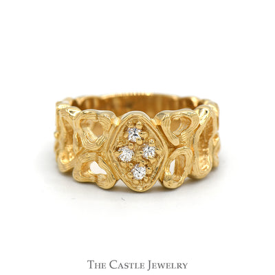 Open Nugget Style Ring with Cubic Zirconia Cluster in 14k Yellow Gold