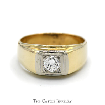 1/2ct Round Diamond Solitaire Men's Ring with Polished Sides in 14k Yellow Gold