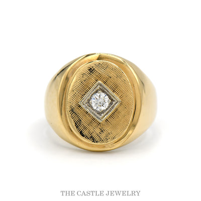 Men's .15ct diamond solitaire ring with brushed oval face in 14k yellow gold — top view