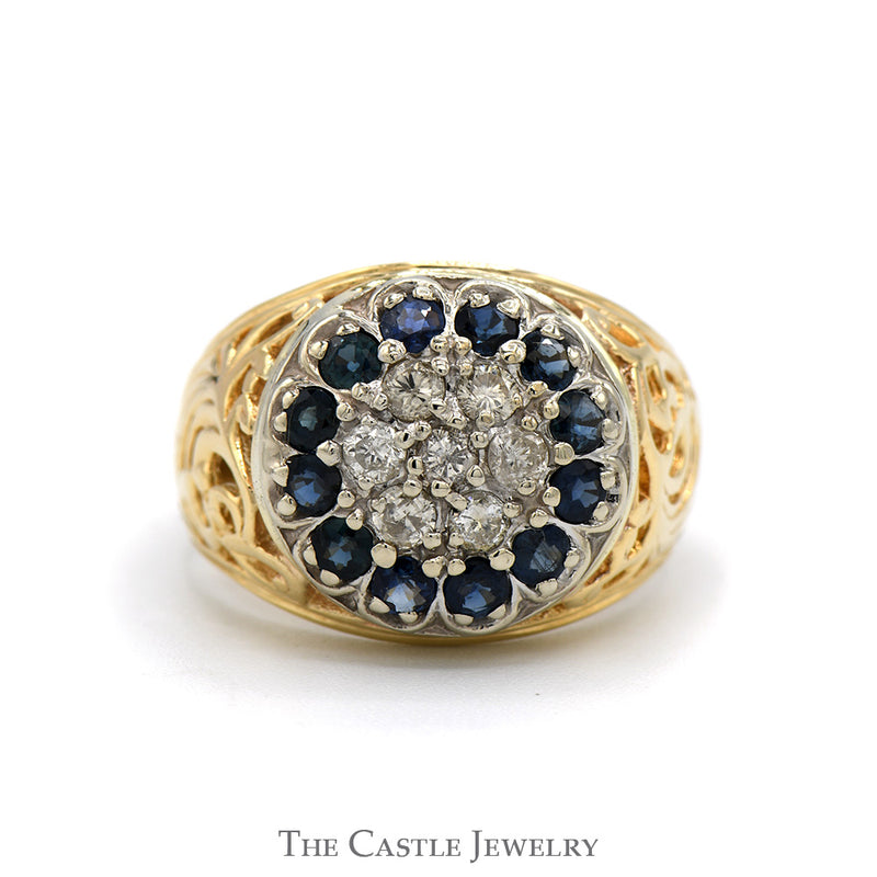 1/2cttw Diamond & Sapphire Kentucky Cluster Ring with Open Filigree Sides in 14k Yellow Gold