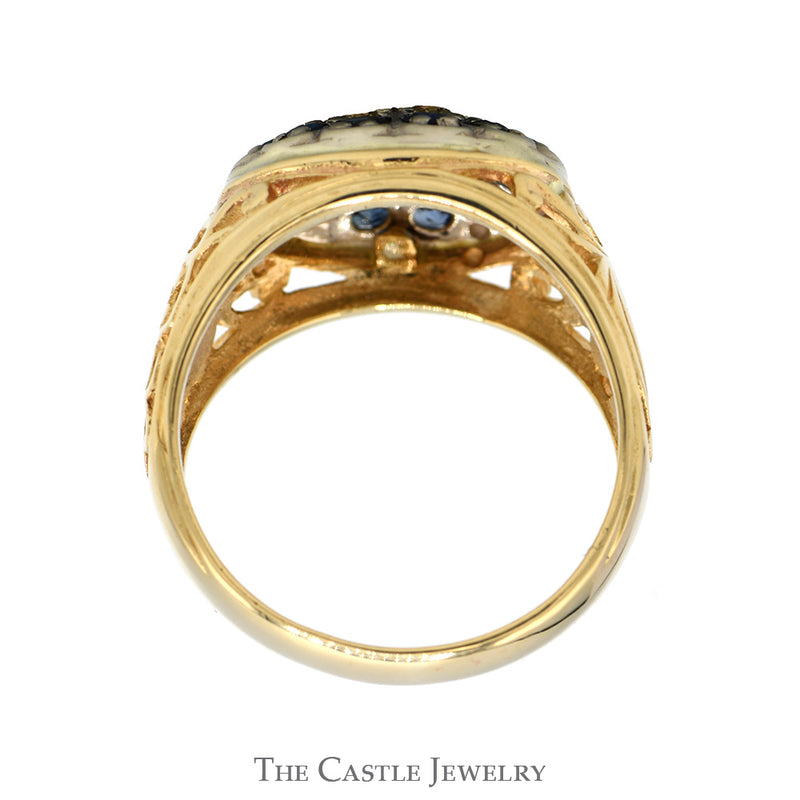 1/2cttw Diamond & Sapphire Kentucky Cluster Ring with Open Filigree Sides in 14k Yellow Gold
