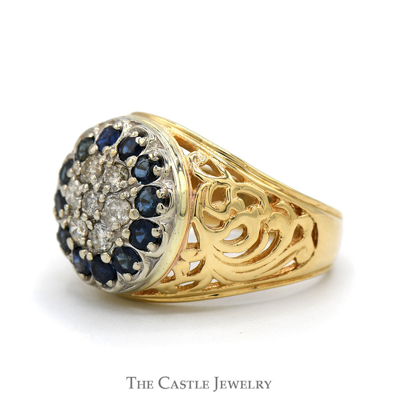 1/2cttw Diamond & Sapphire Kentucky Cluster Ring with Open Filigree Sides in 14k Yellow Gold