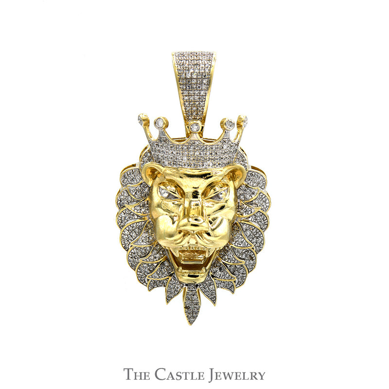 1.04cttw Pave Set Diamond Cluster Lion Head Pendant in 10k Yellow Gold