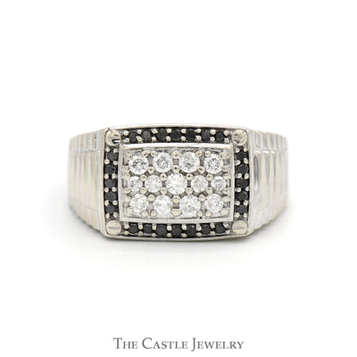 1cttw Diamond Cluster Ring with Black Diamond Bezel and Ridged Sides in 10k White Gold