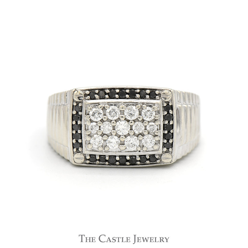 1cttw Diamond Cluster Ring with Black Diamond Bezel and Ridged Sides in 10k White Gold