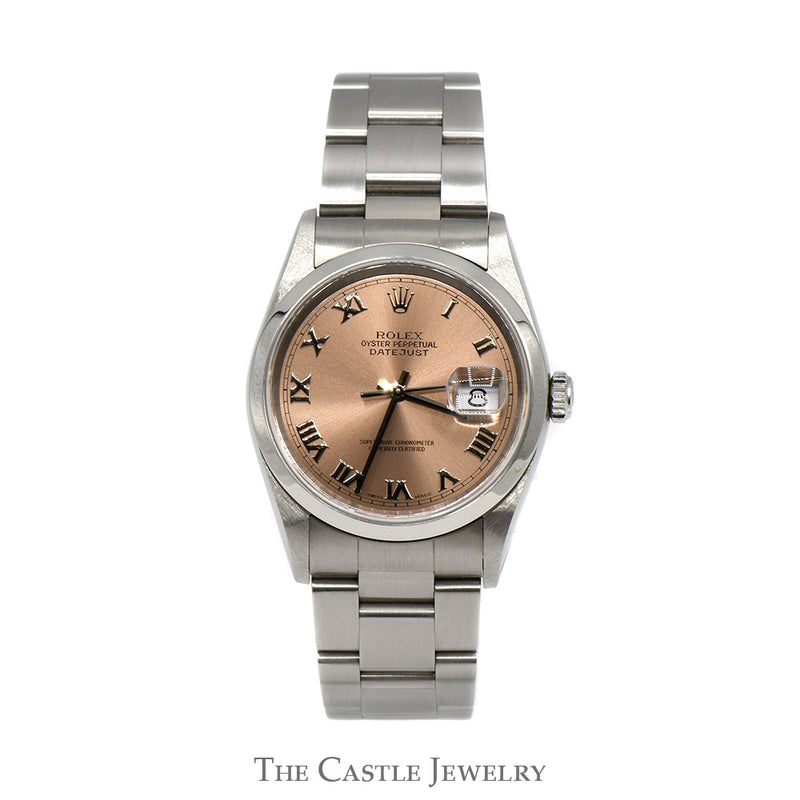 Rolex Datejust 16200 with Rose Dial and Roman Numeral Hour Markers on Oyster Bracelet