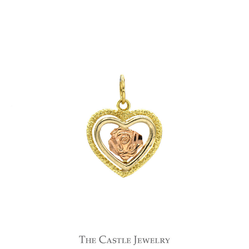 Tri-Tone Double Open Heart Pendant with Rose Center in 14k Yellow, White and Rose Gold