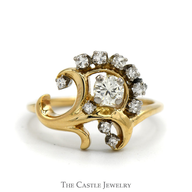 Vintage Inspired Freeform Swirled Diamond Cluster Ring in 14k Yellow Gold