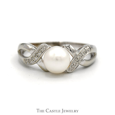 Round White Pearl Ring with Diamond Accented Twisted Sides in 10k White Gold