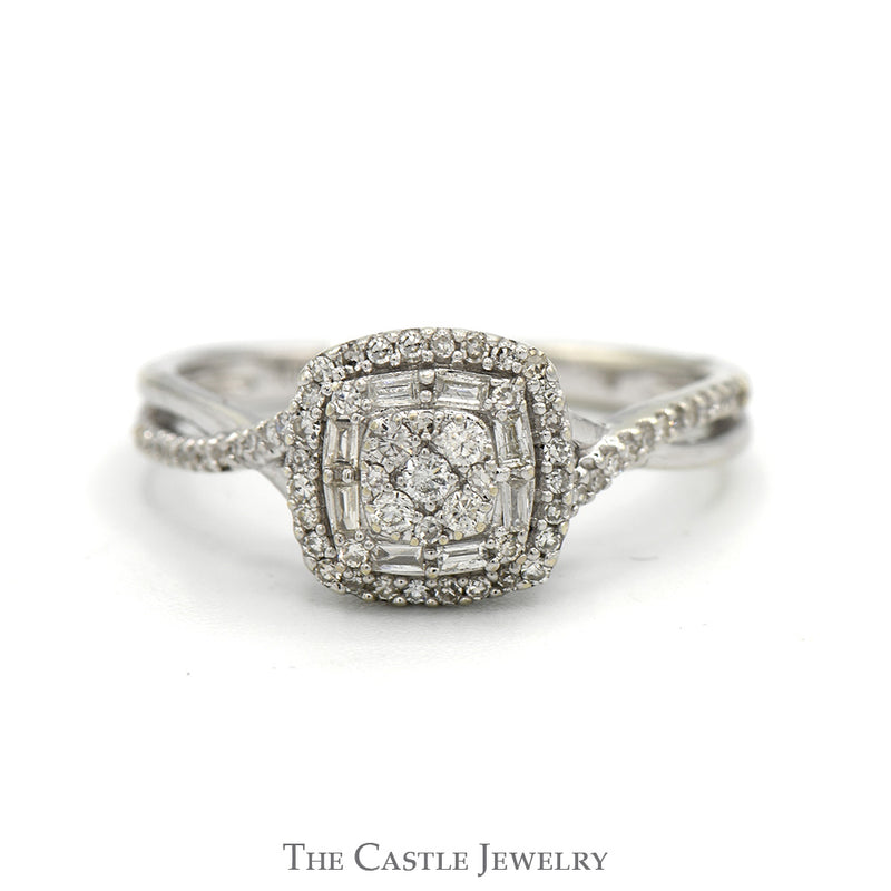 Square Shaped Round and Baguette Cut Diamond Cluster Engagement Ring in 10k White Gold