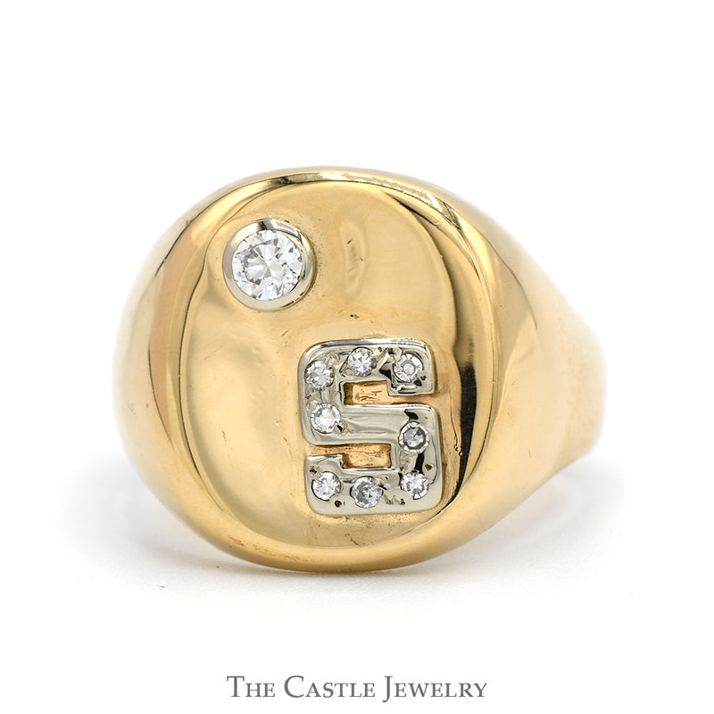 1/4cttw Round Diamond Accented "S" Signet Ring in 14k Yellow Gold