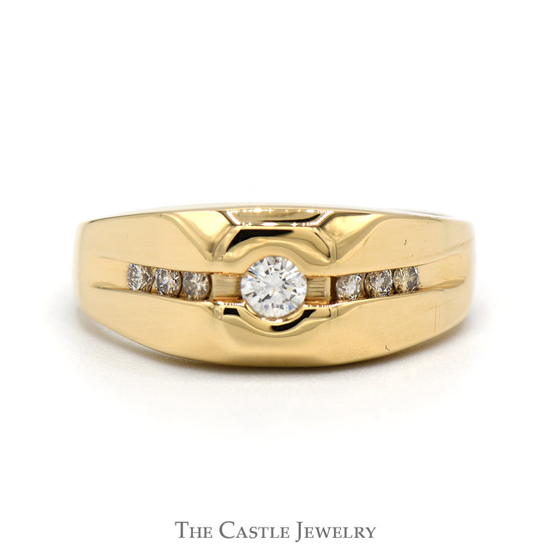 Men's Diamond Solitaire Ring with Channel Set Accents in 14k Yellow Gold