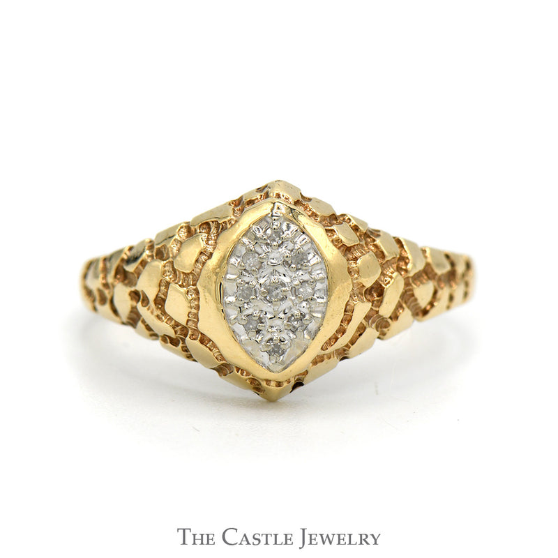 Marquise Shaped Illusion Diamond Cluster Ring with Nugget Textured Sides in 10k Yellow Gold