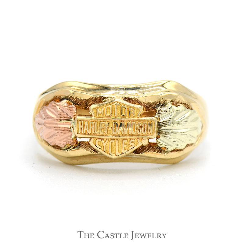 Tri Toned Gold Harley Davidson Ring with Leaf Accented Sides in 10k Yellow, Rose & White Gold