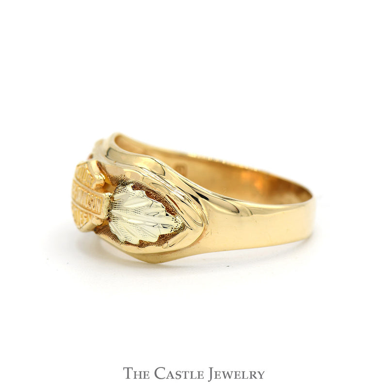 Tri Toned Gold Harley Davidson Ring with Leaf Accented Sides in 10k Yellow, Rose & White Gold