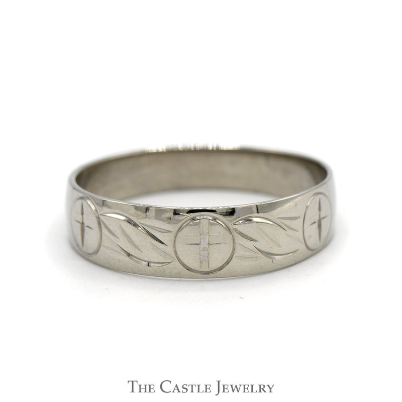 Tapered Diamond Cut Etched Cross Band in 10k White Gold