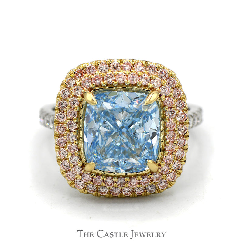 5ct Fancy Vivid Blue Cushion Cut Lab Grown Diamond Ring with Double Pink Diamond Halo in 14k White & Yellow Gold